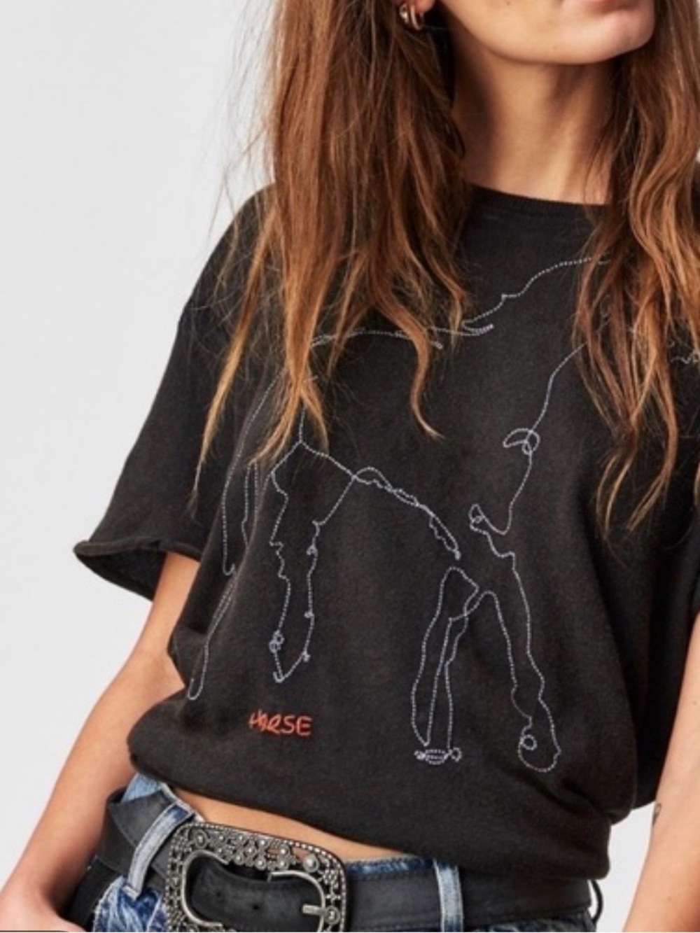 Free people horsin around Black Tee with White Horse Outline and Gold Stars
